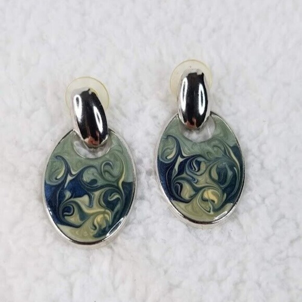 Vintage 2" Stud Earrings Silver Tone Blue Seafoam Green Enamel‎ Swirl Knockers